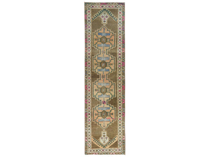 Brown 3'3" x 12'10" Vintage Hand knotted Wool Rug - Sku: O081868