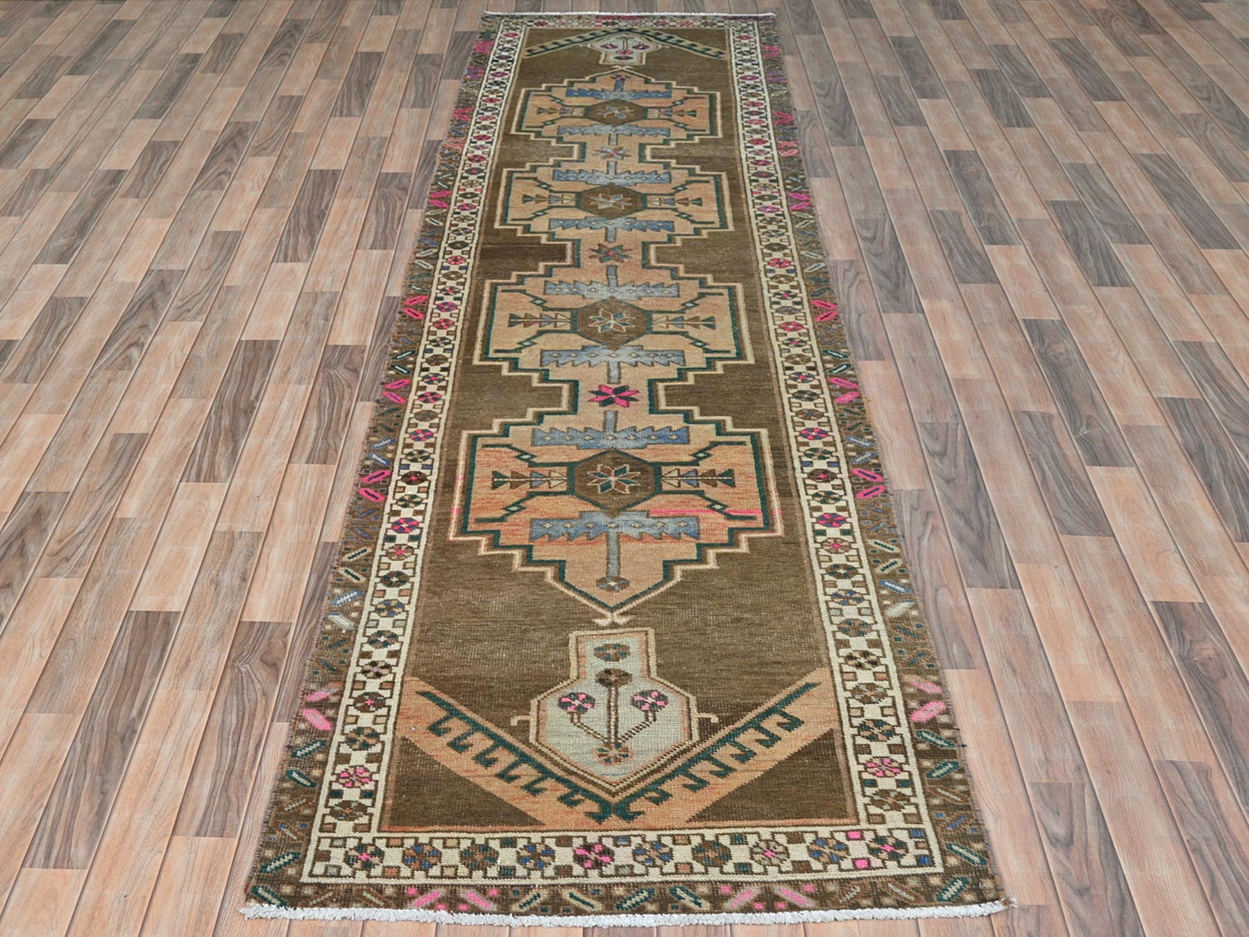 Vintage hand-knotted wool runner in Brown & Ivory, 3'3" x 12'10" — SKU O081868 (view 2)