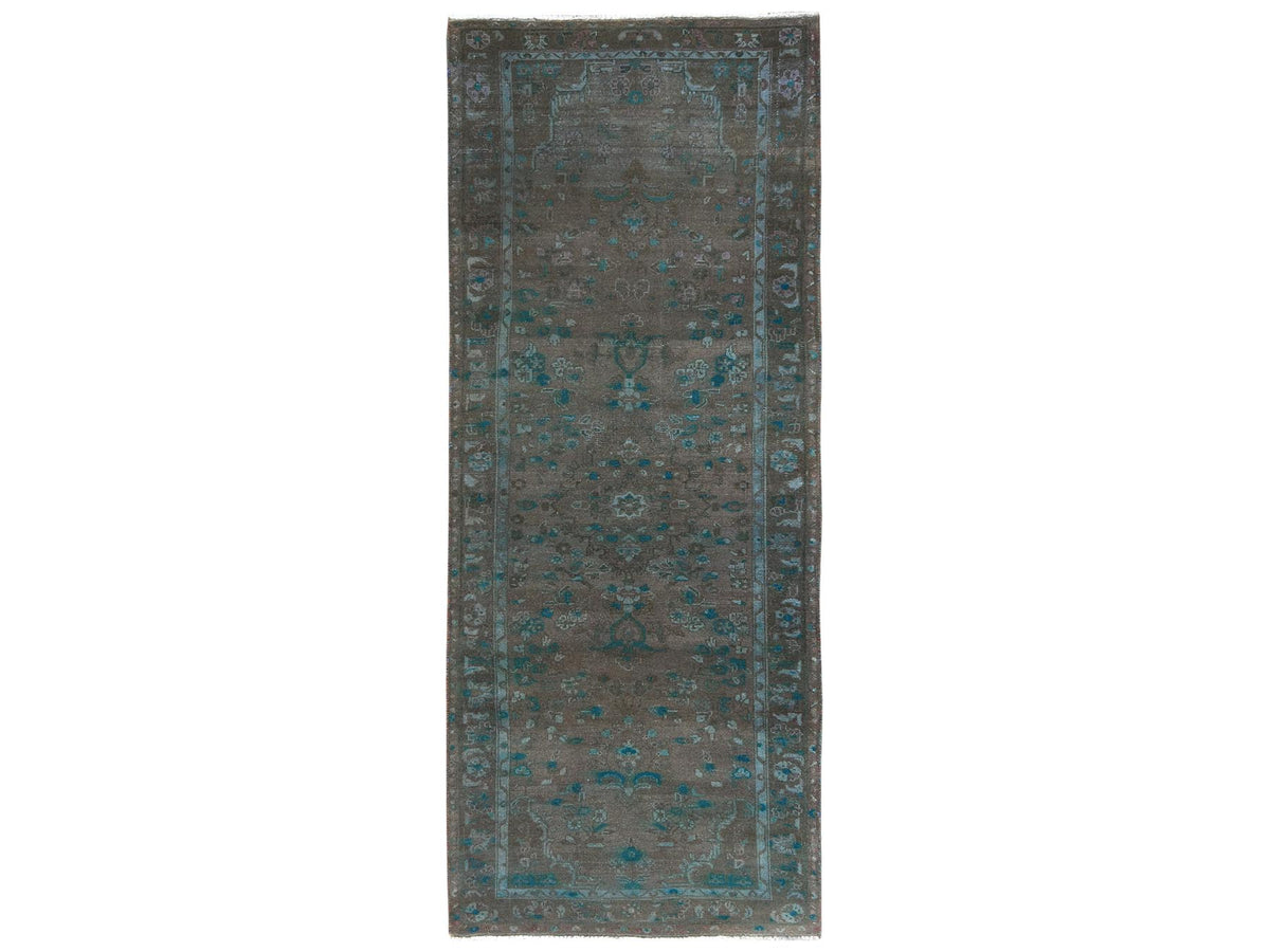 Vintage hand-knotted wool runner in Overdyed & Chocolate Brown, 3'8" x 9'3" — SKU O081872