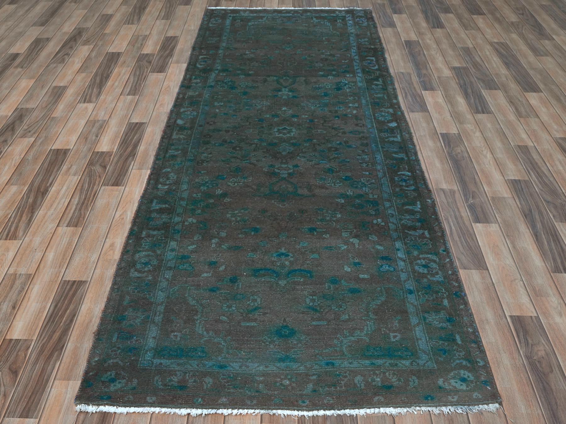 Vintage hand-knotted wool runner in Overdyed & Chocolate Brown, 3'8" x 9'3" — SKU O081872 (view 2)