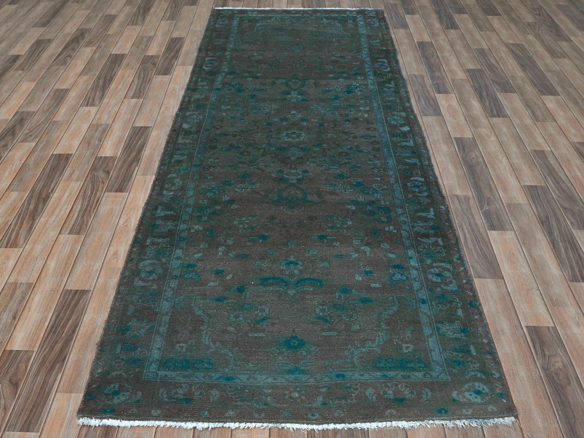 Vintage hand-knotted wool runner in Overdyed & Chocolate Brown, 3'8" x 9'3" — SKU O081872 (view 2)