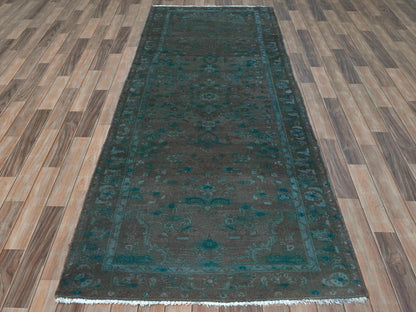 Vintage hand-knotted wool runner in Overdyed & Chocolate Brown, 3'8" x 9'3" — SKU O081872 (view 2)