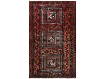 Baluch Vintage hand-knotted wool rug in Red & Chocolate Brown, 3'7" x 6'5" — SKU O081925