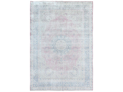 Kerman Persian hand-knotted worn wool rug in Pink & Blue, 8'5" x 11'9" — SKU O081930