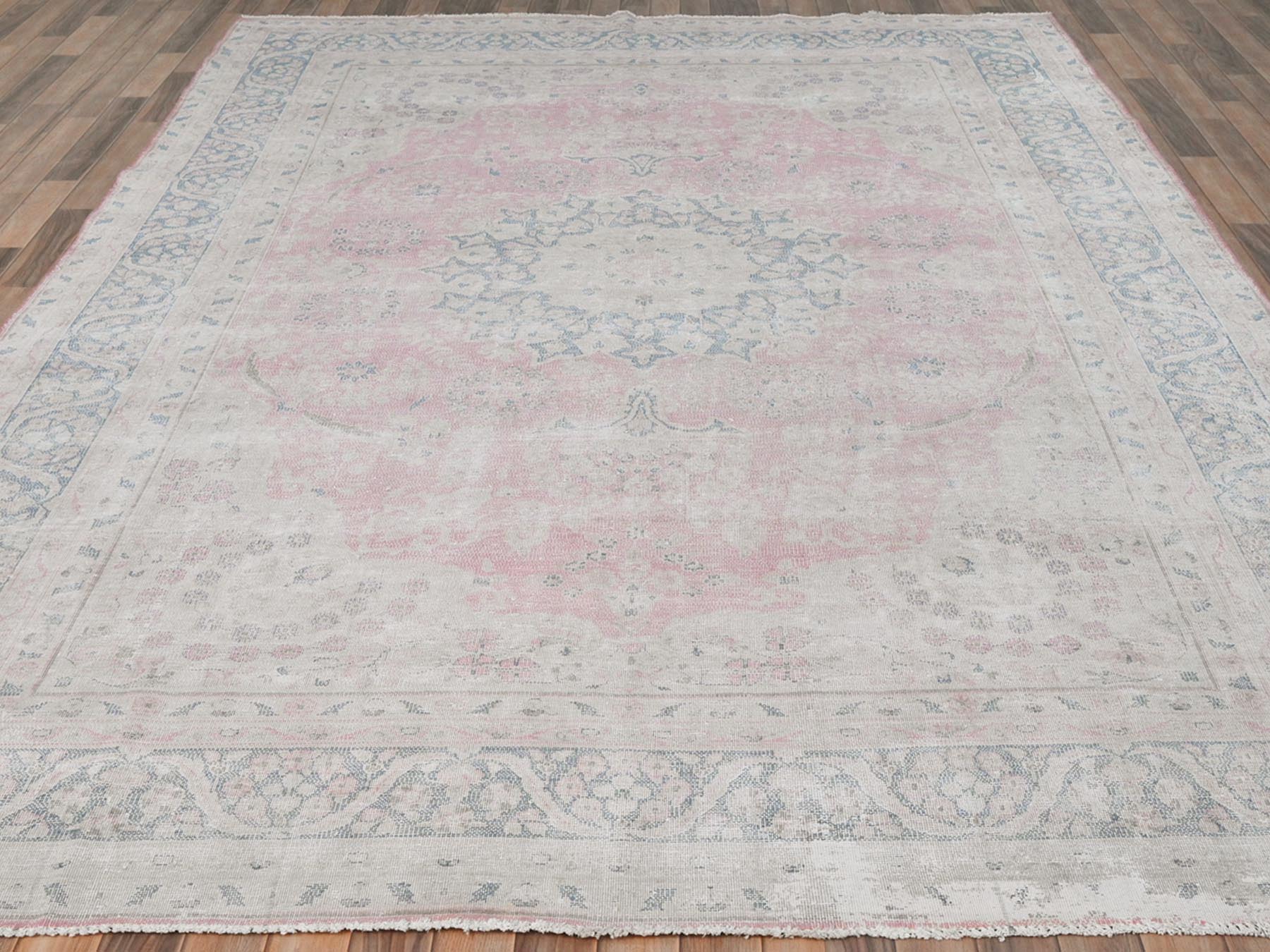 Kerman Persian hand-knotted worn wool rug in Pink & Blue, 8'5" x 11'9" — SKU O081930 (view 2)
