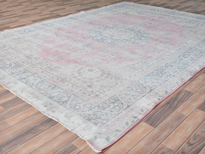 Kerman Persian hand-knotted worn wool rug in Pink & Blue, 8'5" x 11'9" — SKU O081930 (view 3)