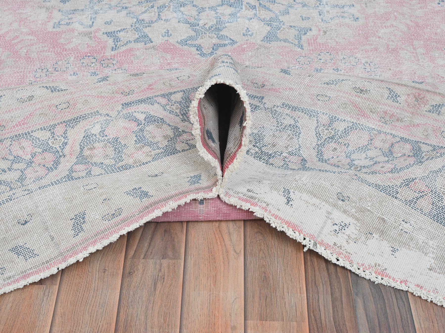 Kerman Persian hand-knotted worn wool rug in Pink & Blue, 8'5" x 11'9" — SKU O081930 (view 5)