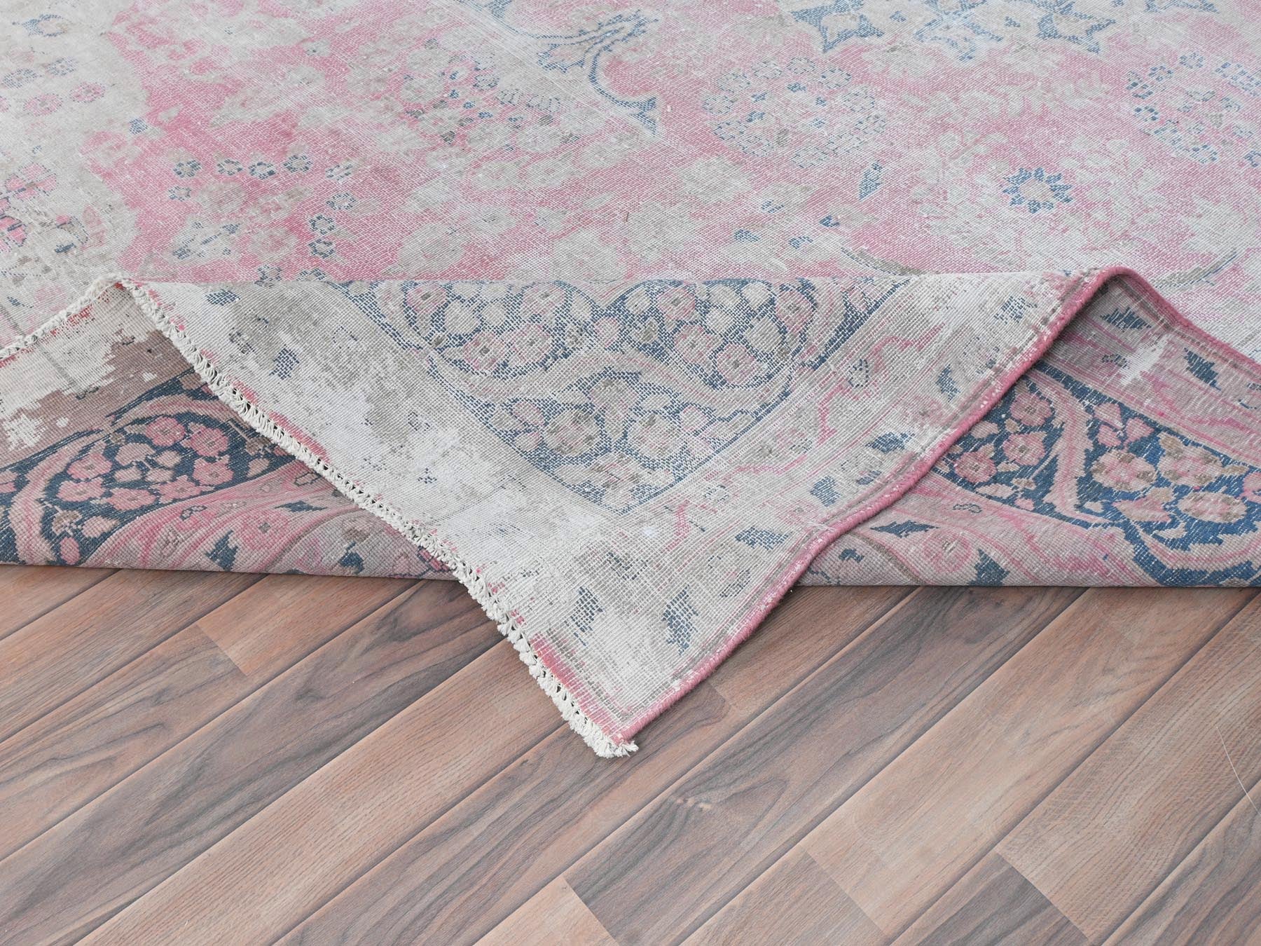 Kerman Persian hand-knotted worn wool rug in Pink & Blue, 8'5" x 11'9" — SKU O081930 (view 6)