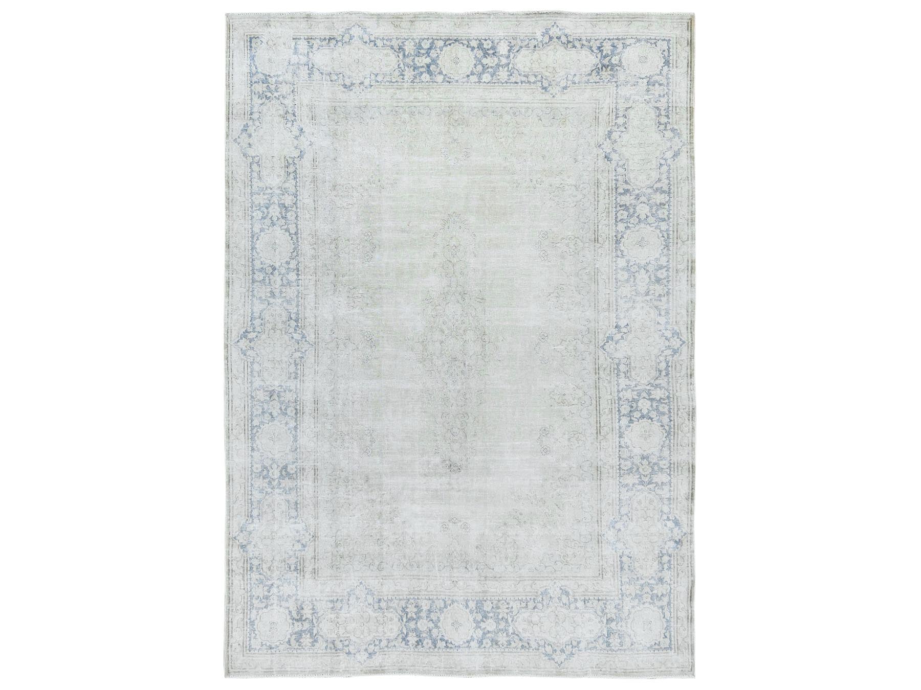 Kerman Persian hand-knotted worn wool rug in Ivory & Blue, 7' x 10' — SKU O081940
