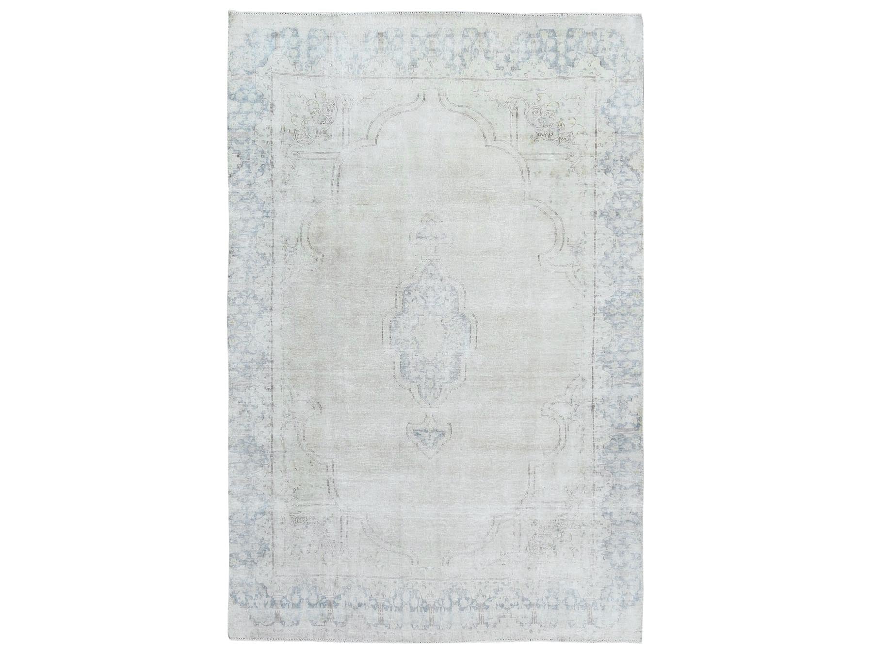 Kerman Persian hand-knotted worn wool rug in Ivory & Blue, 6'3" x 9'6" — SKU O081943