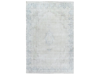 Kerman Persian hand-knotted worn wool rug in Ivory & Blue, 6'3" x 9'6" — SKU O081943