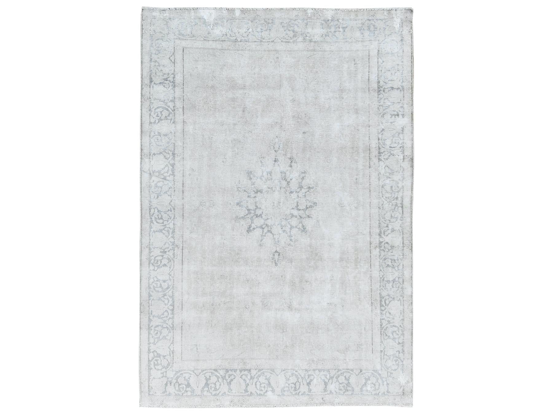 Kerman Persian hand-knotted worn wool rug in Ivory, 6'4" x 9'3" — SKU O081944