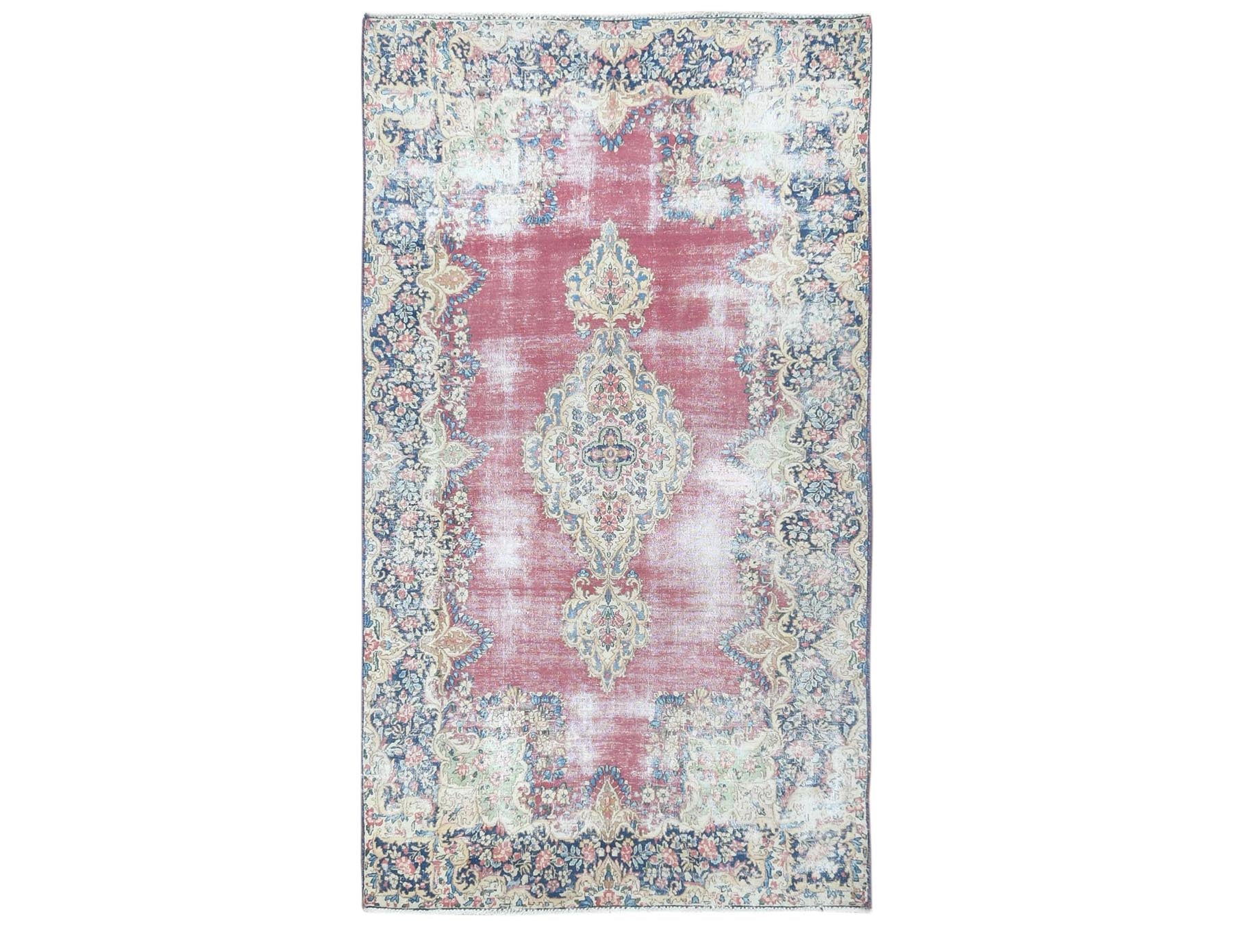 Kerman Persian hand-knotted worn wool rug in Red & Navy Blue, 3'9" x 7' — SKU O081946