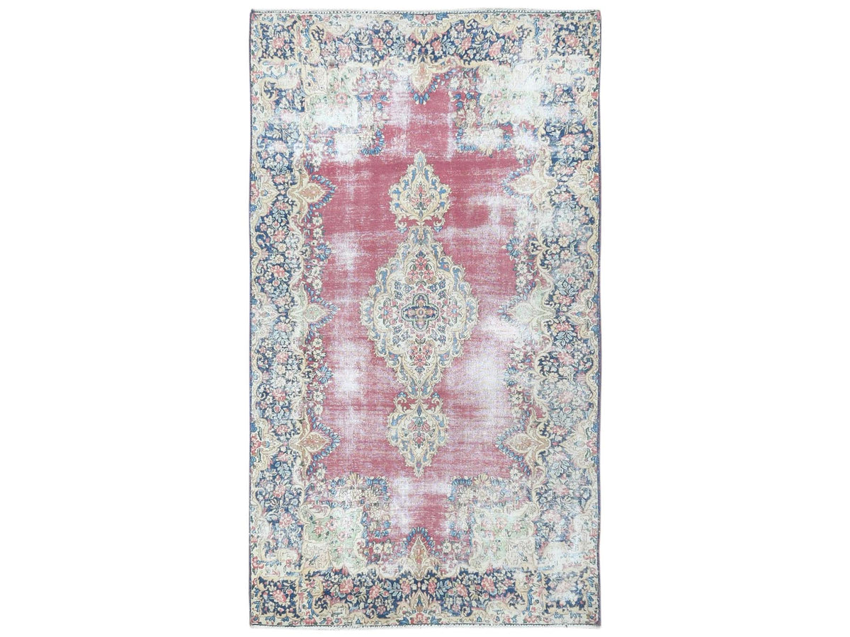 Kerman Persian hand-knotted worn wool rug in Red & Navy Blue, 3'9" x 7' — SKU O081946
