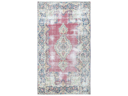 Kerman Persian hand-knotted worn wool rug in Red & Navy Blue, 3'9" x 7' — SKU O081946