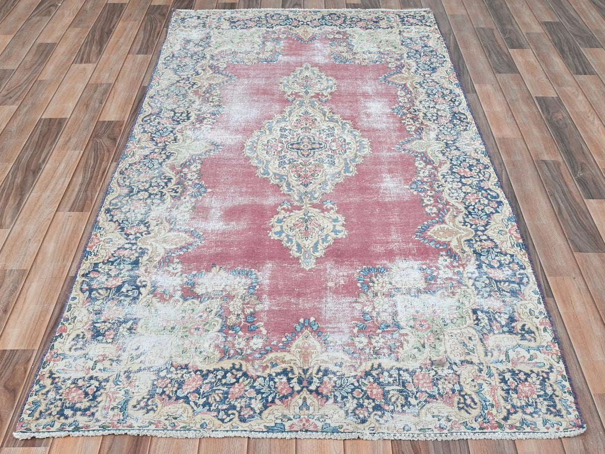 Kerman Persian hand-knotted worn wool rug in Red & Navy Blue, 3'9" x 7' — SKU O081946 (view 2)
