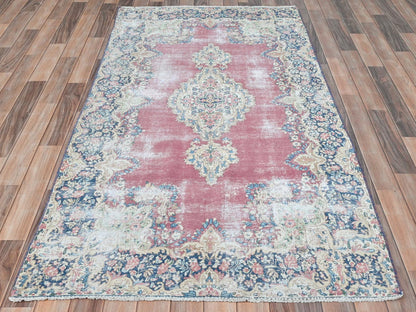 Kerman Persian hand-knotted worn wool rug in Red & Navy Blue, 3'9" x 7' — SKU O081946 (view 2)