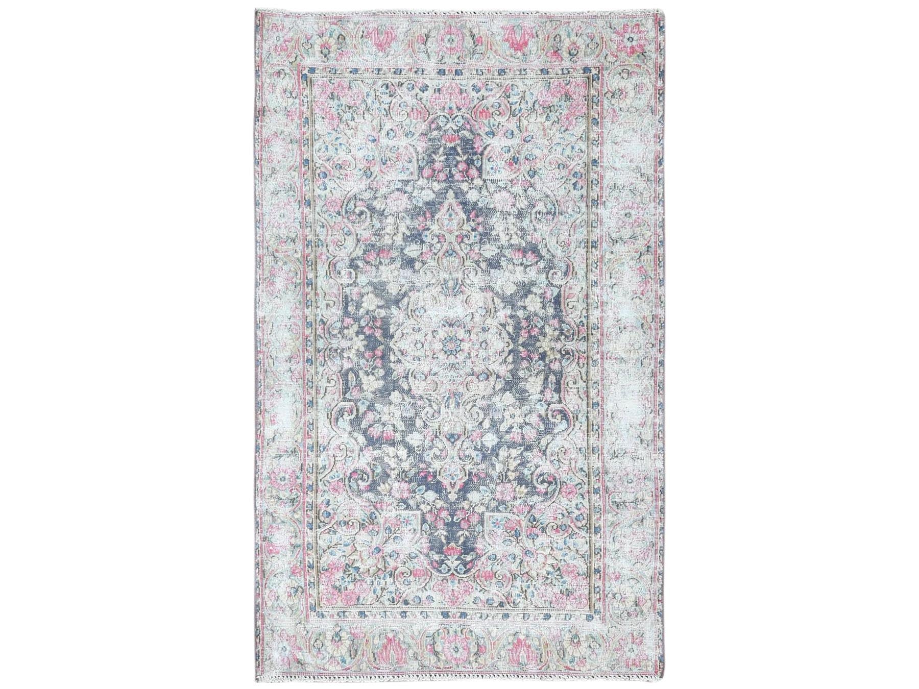 Kerman Persian hand-knotted worn wool rug in Blue, 3'7" x 5'9" — SKU O081947