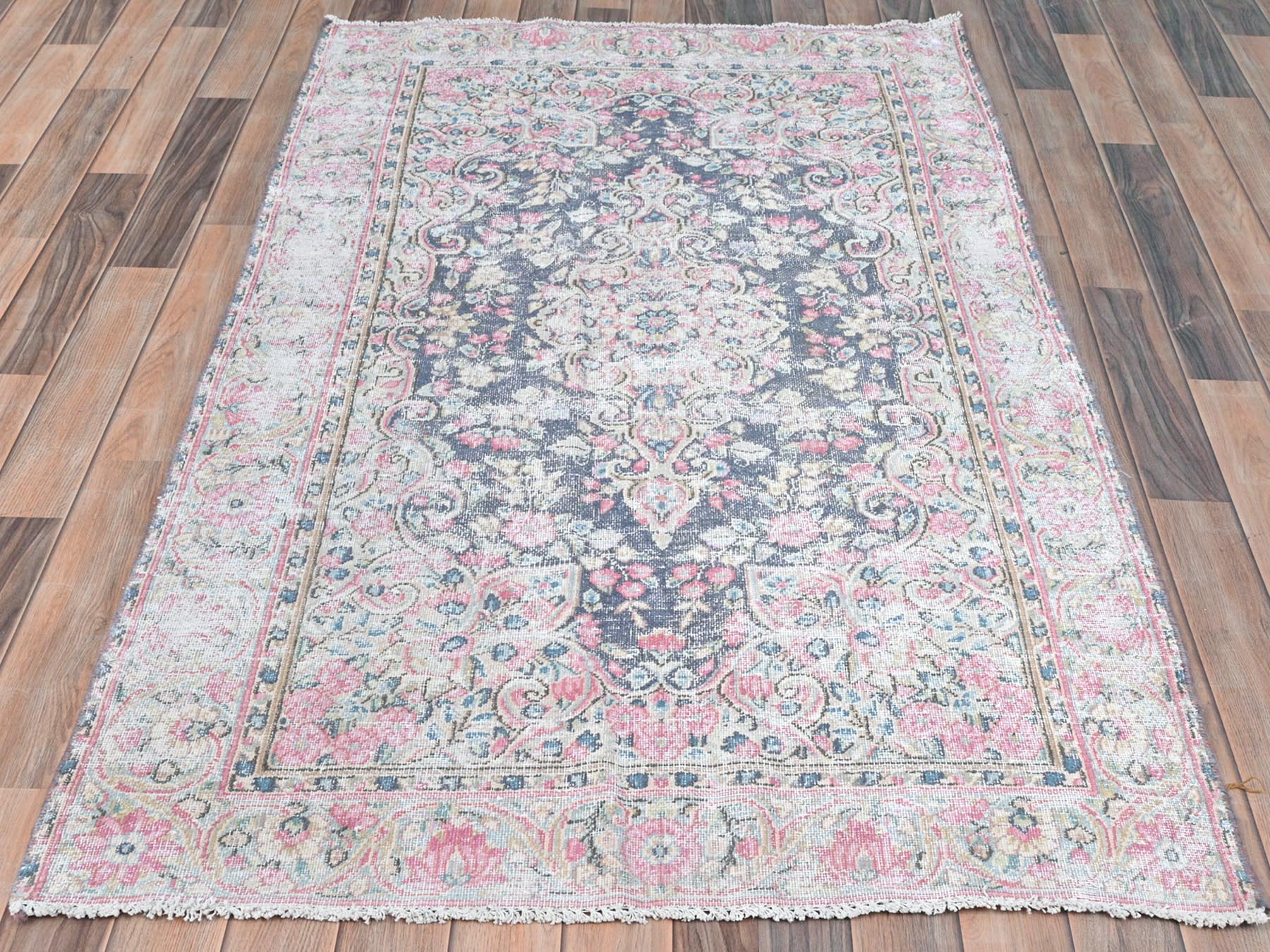 Kerman Persian hand-knotted worn wool rug in Blue, 3'7" x 5'9" — SKU O081947 (view 2)