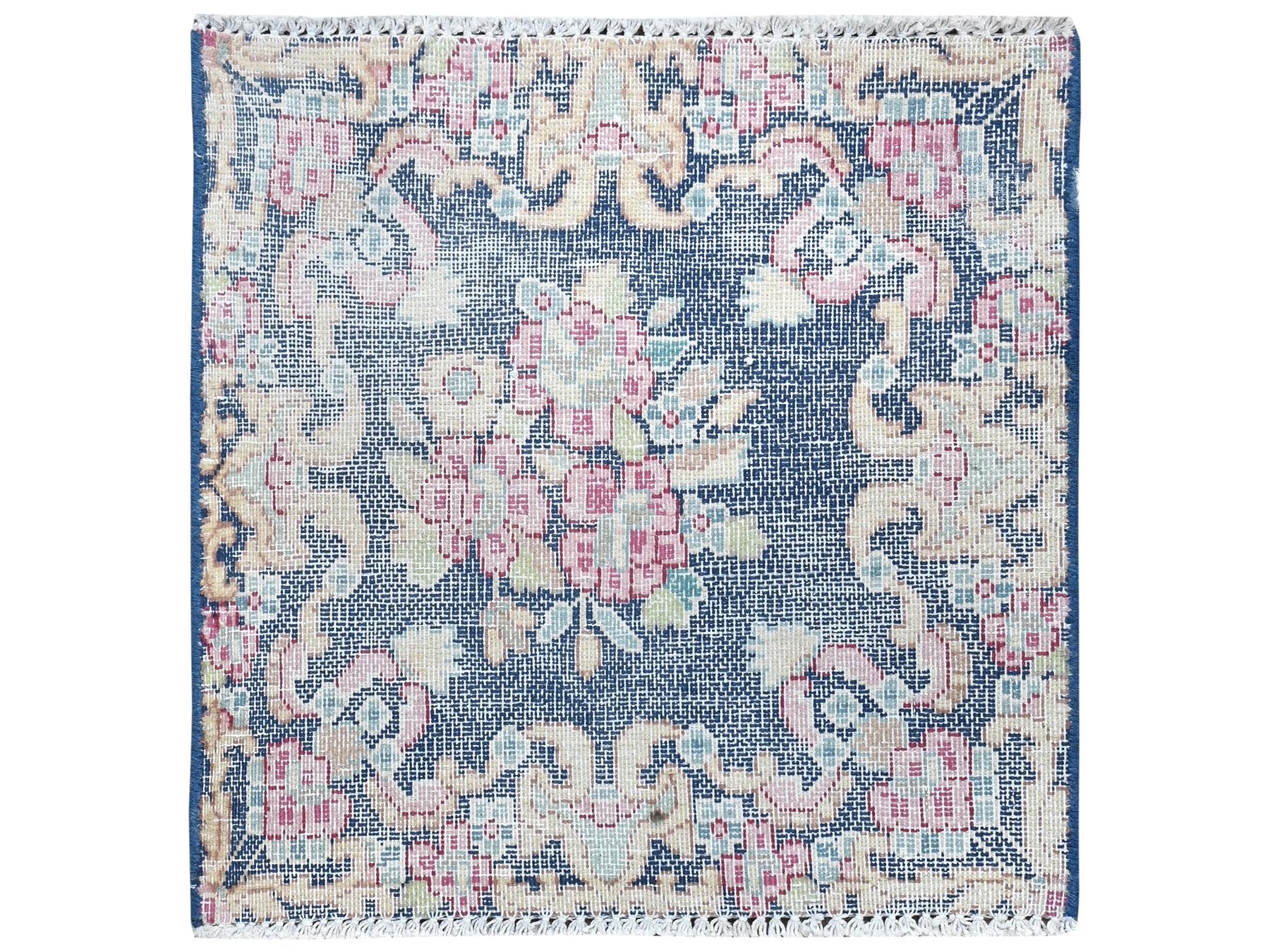 Kerman Vintage hand-knotted worn wool rug in Blue, 1'6" x 1'7" — SKU O081948