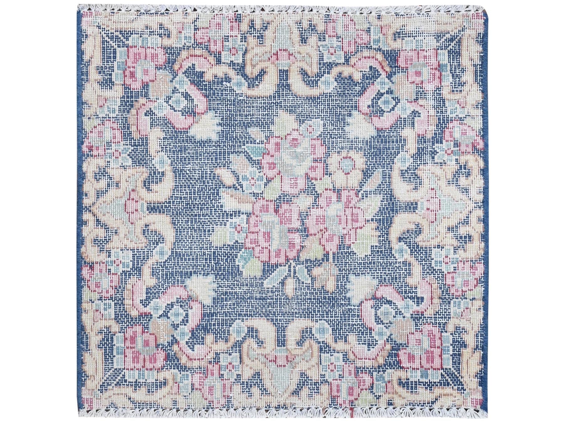Kerman Vintage hand-knotted worn wool rug in Blue, 1'6" x 1'7" — SKU O081950