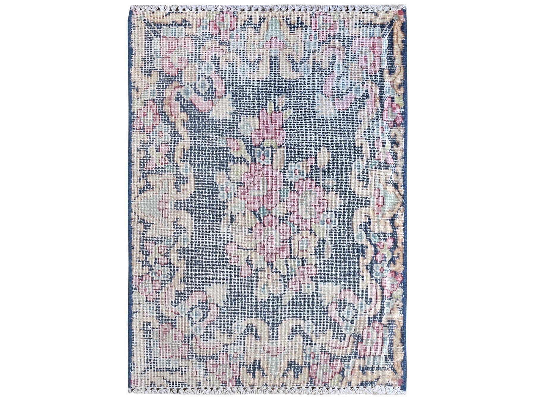 Kerman Vintage hand-knotted worn wool rug in Blue, 1'6" x 2'1" — SKU O081954