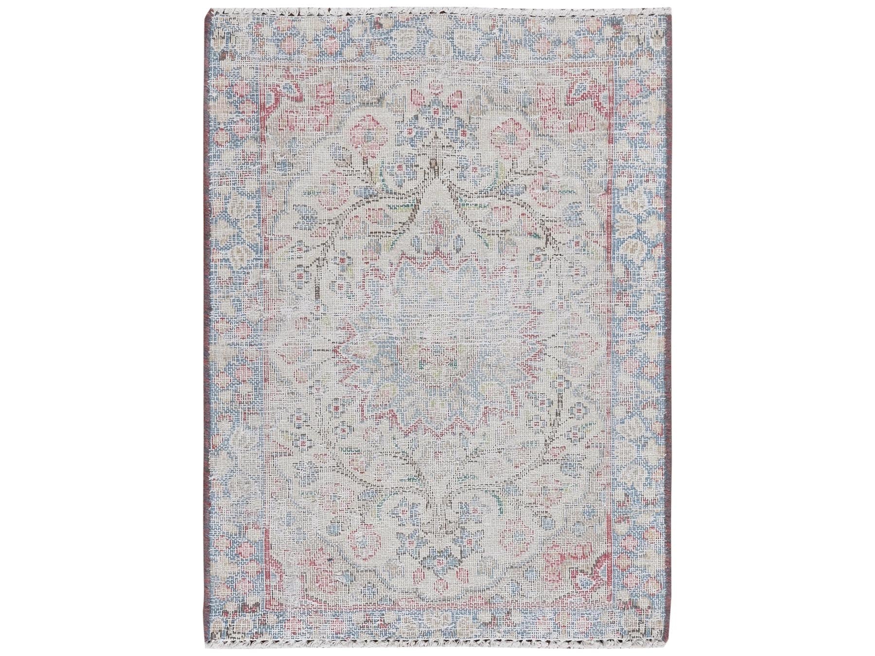 Kerman Persian hand-knotted worn wool rug in Ivory & Blue, 1'10" x 2'6" — SKU O081964