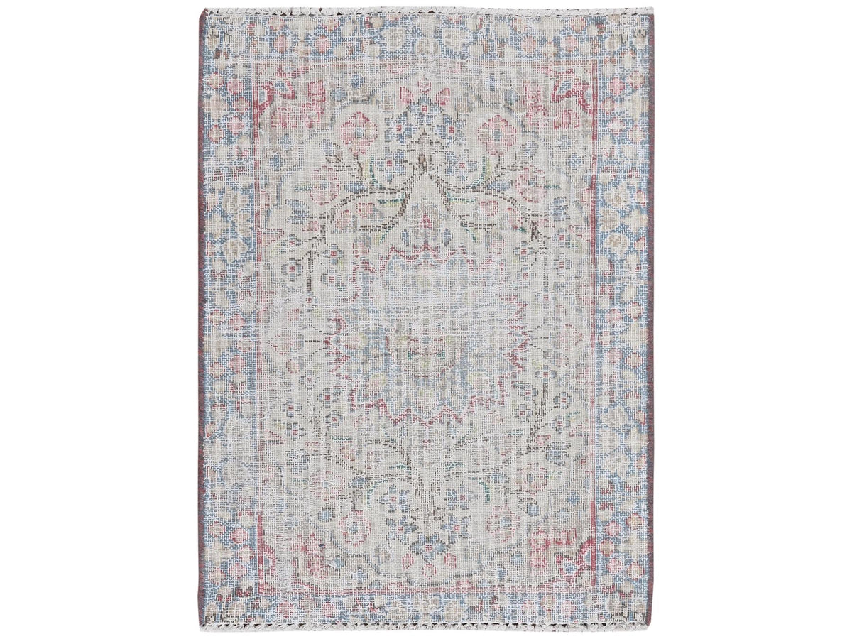 Kerman Persian hand-knotted worn wool rug in Ivory & Blue, 1'10" x 2'6" — SKU O081964