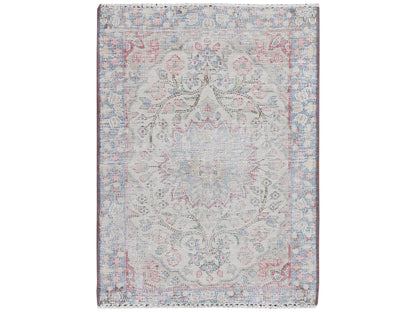 Kerman Persian hand-knotted worn wool rug in Ivory & Blue, 1'10" x 2'6" — SKU O081964