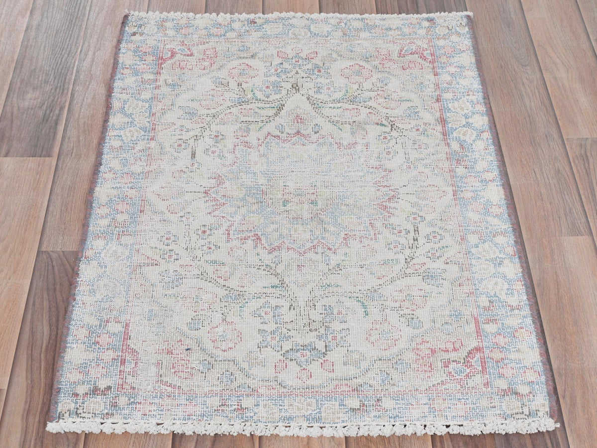 Kerman Persian hand-knotted worn wool rug in Ivory & Blue, 1'10" x 2'6" — SKU O081964 (view 2)