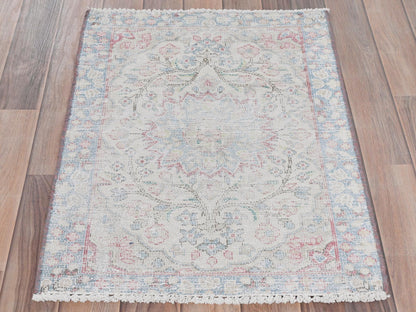 Kerman Persian hand-knotted worn wool rug in Ivory & Blue, 1'10" x 2'6" — SKU O081964 (view 2)