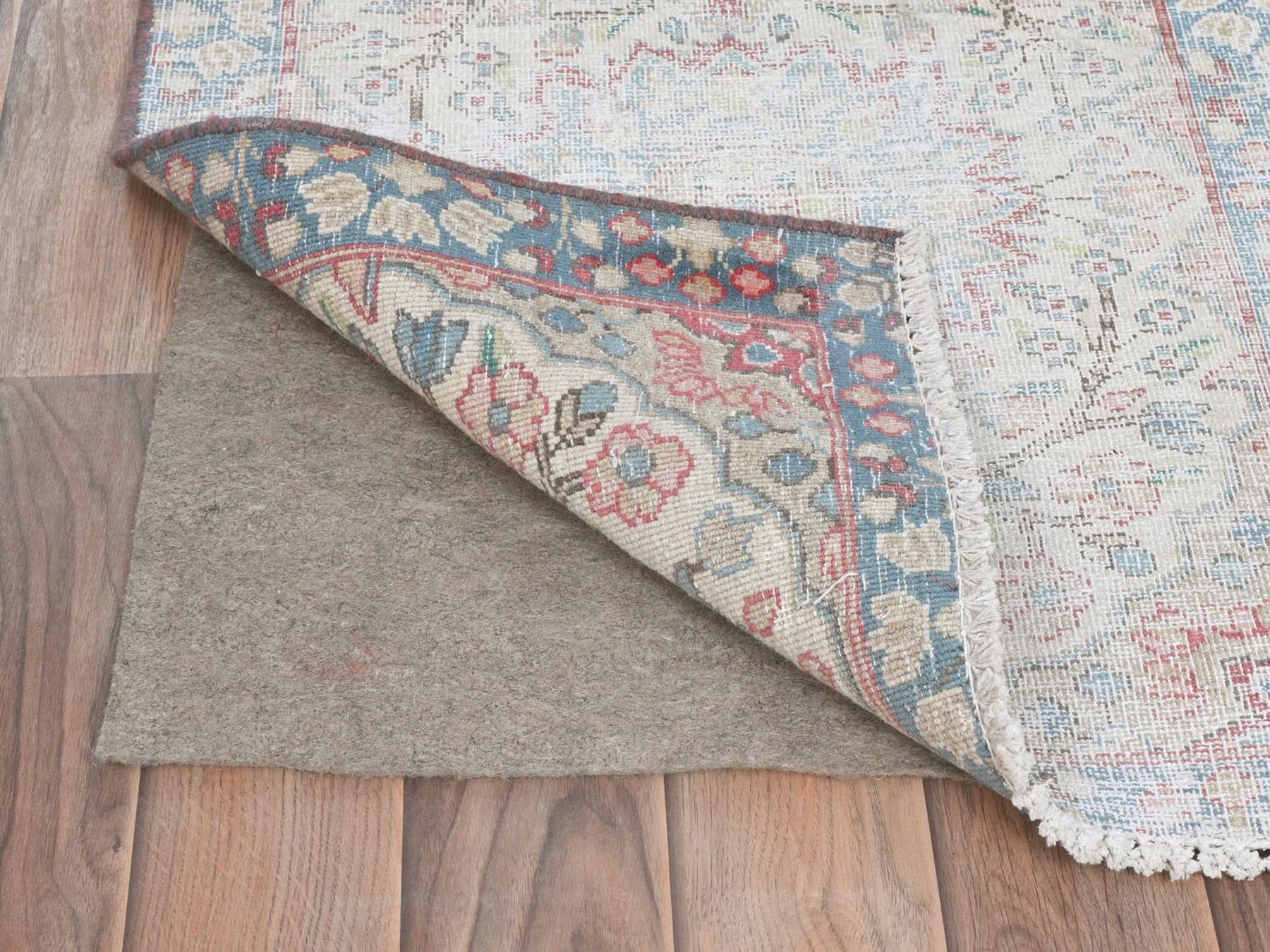 Kerman Persian hand-knotted worn wool rug in Ivory & Blue, 1'10" x 2'6" — SKU O081964 (view 3)