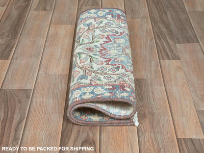 Kerman Persian hand-knotted worn wool rug in Ivory & Blue, 1'10" x 2'6" — SKU O081964 (view 5)