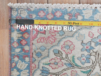 Kerman Persian hand-knotted worn wool rug in Ivory & Blue, 1'10" x 2'6" — SKU O081964 (view 7)