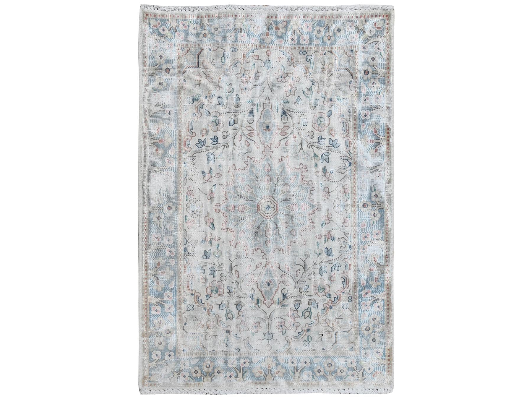 Kerman Persian hand-knotted worn wool rug in Ivory & Blue, 2' x 2'10" — SKU O081965