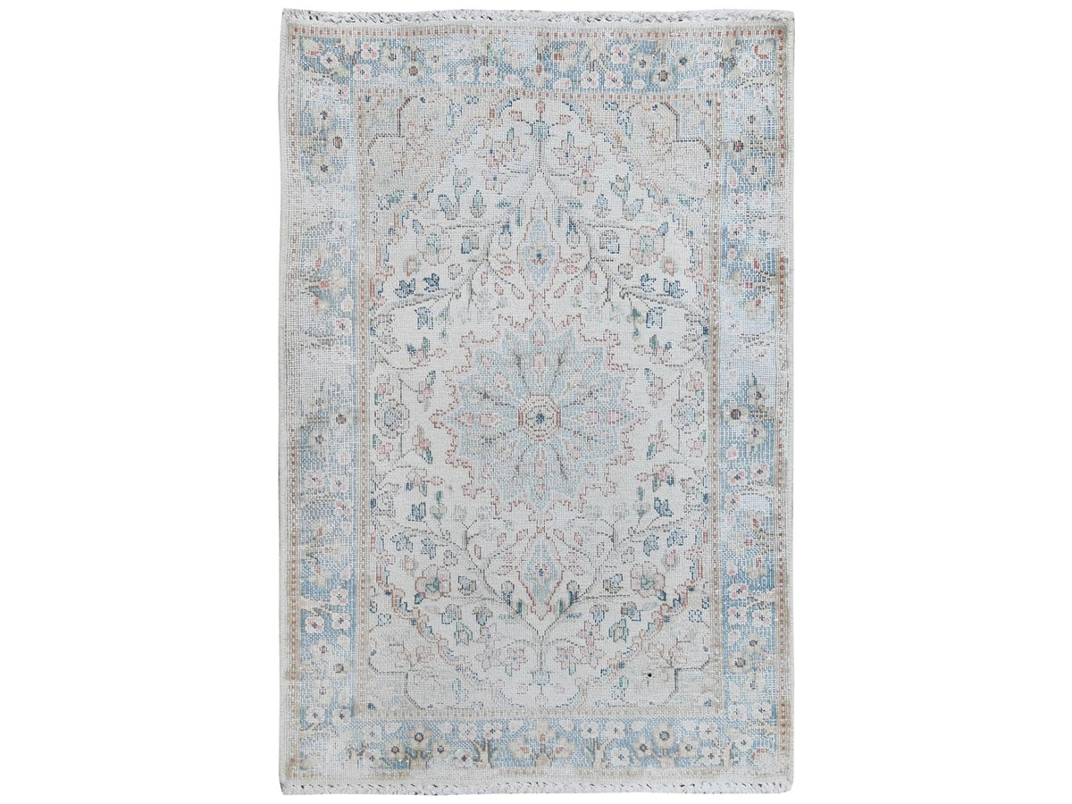 Kerman Persian hand-knotted worn wool rug in Ivory & Blue, 2' x 2'10" — SKU O081965