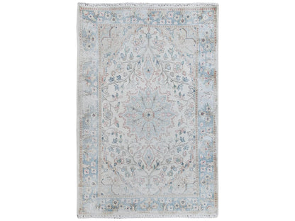 Kerman Persian hand-knotted worn wool rug in Ivory & Blue, 2' x 2'10" — SKU O081965