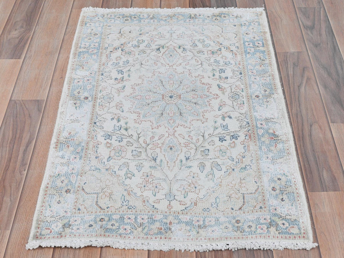Kerman Persian hand-knotted worn wool rug in Ivory & Blue, 2' x 2'10" — SKU O081965 (view 2)