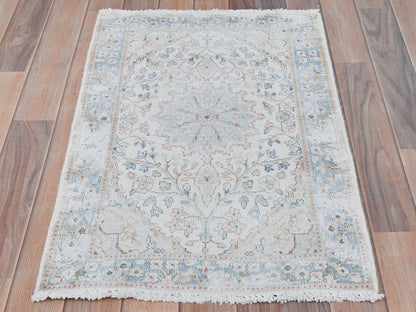 Kerman Persian hand-knotted worn wool rug in Ivory & Blue, 2' x 2'10" — SKU O081965 (view 2)