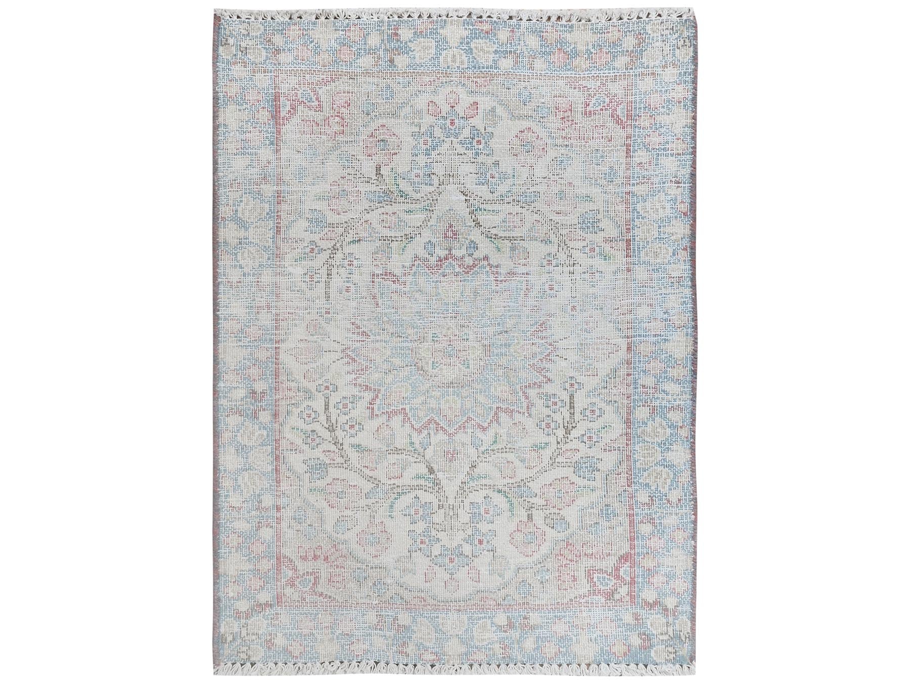 Kerman Persian hand-knotted worn wool rug in Ivory & Blue, 2' x 2'7" — SKU O081966