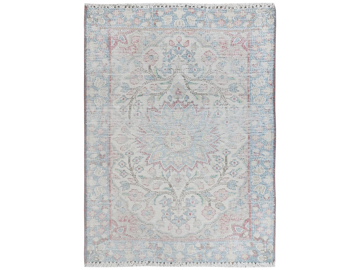 Kerman Persian hand-knotted worn wool rug in Ivory & Blue, 2' x 2'7" — SKU O081966