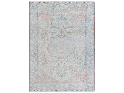 Kerman Persian hand-knotted worn wool rug in Ivory & Blue, 2' x 2'7" — SKU O081966
