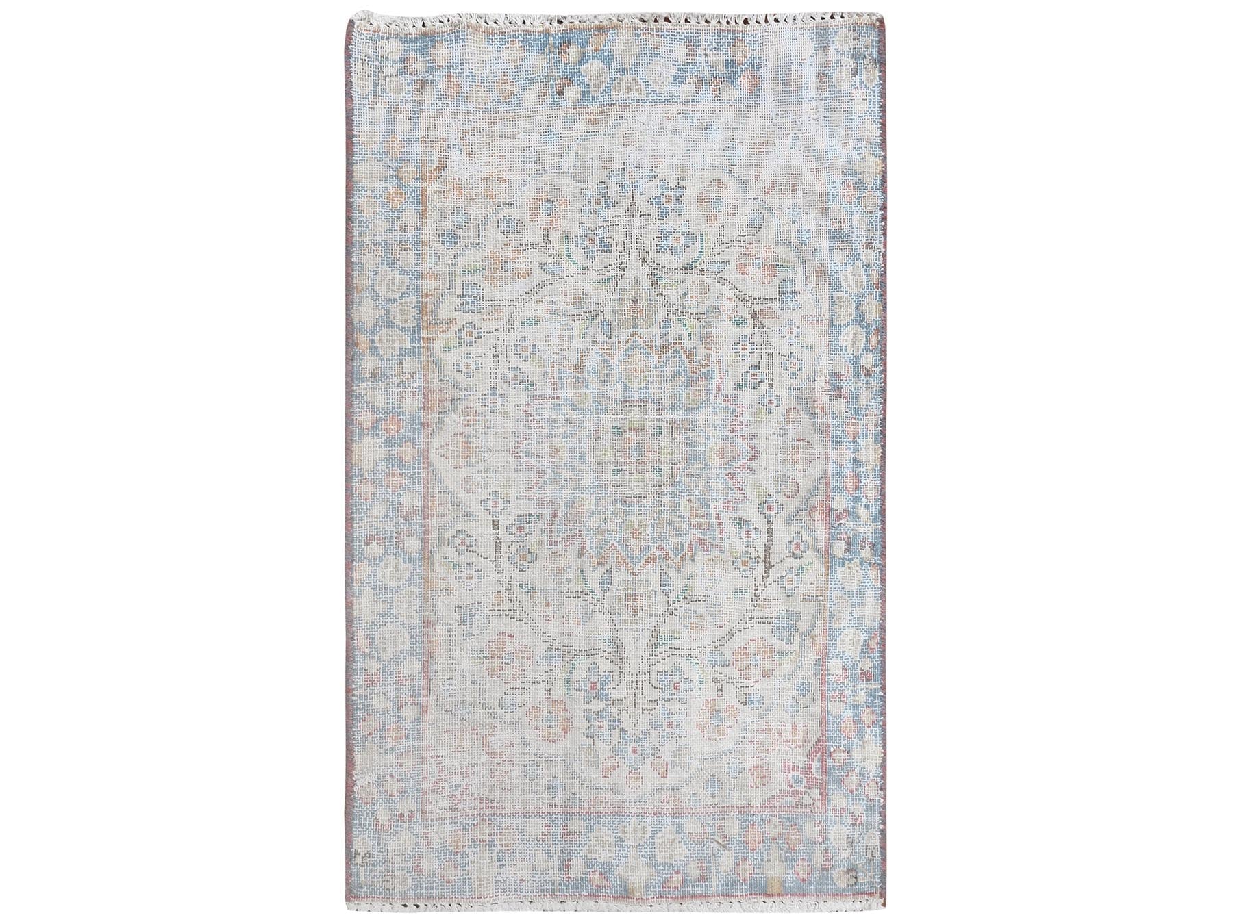 Kerman Vintage hand-knotted worn wool rug in Ivory & Blue, 1'9" x 2'9" — SKU O081969