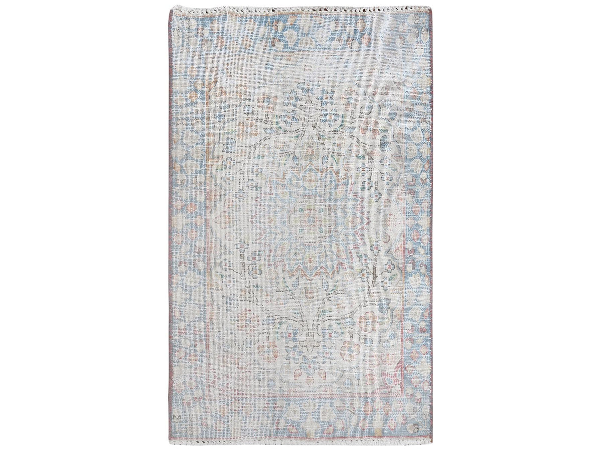 Kerman Vintage hand-knotted worn wool rug in Ivory & Blue, 1'9" x 2'9" — SKU O081969