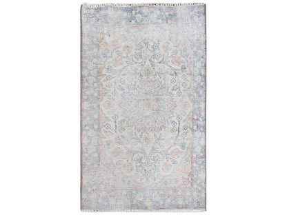 Kerman Vintage hand-knotted worn wool rug in Ivory & Blue, 1'9" x 2'9" — SKU O081969
