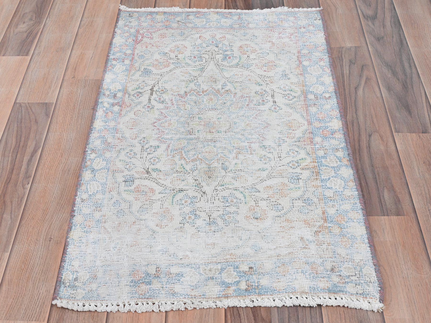 Kerman Vintage hand-knotted worn wool rug in Ivory & Blue, 1'9" x 2'9" — SKU O081969 (view 2)