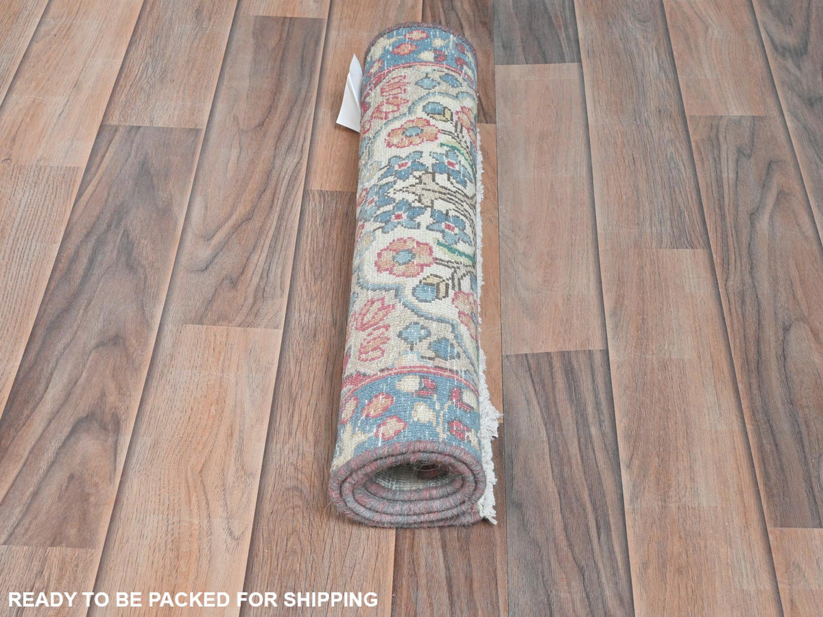Kerman Vintage hand-knotted worn wool rug in Ivory & Blue, 1'9" x 2'9" — SKU O081969 (view 5)