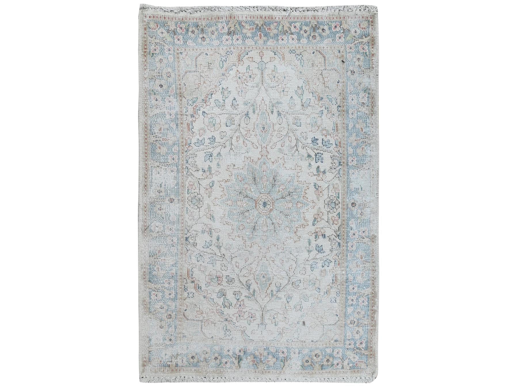 Kerman Vintage hand-knotted worn wool rug in Ivory & Blue, 1'10" x 2'10" — SKU O081970