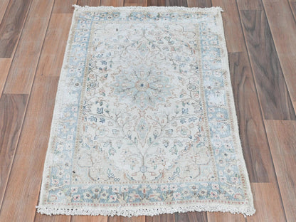 Kerman Vintage hand-knotted worn wool rug in Ivory & Blue, 1'10" x 2'10" — SKU O081970 (view 2)