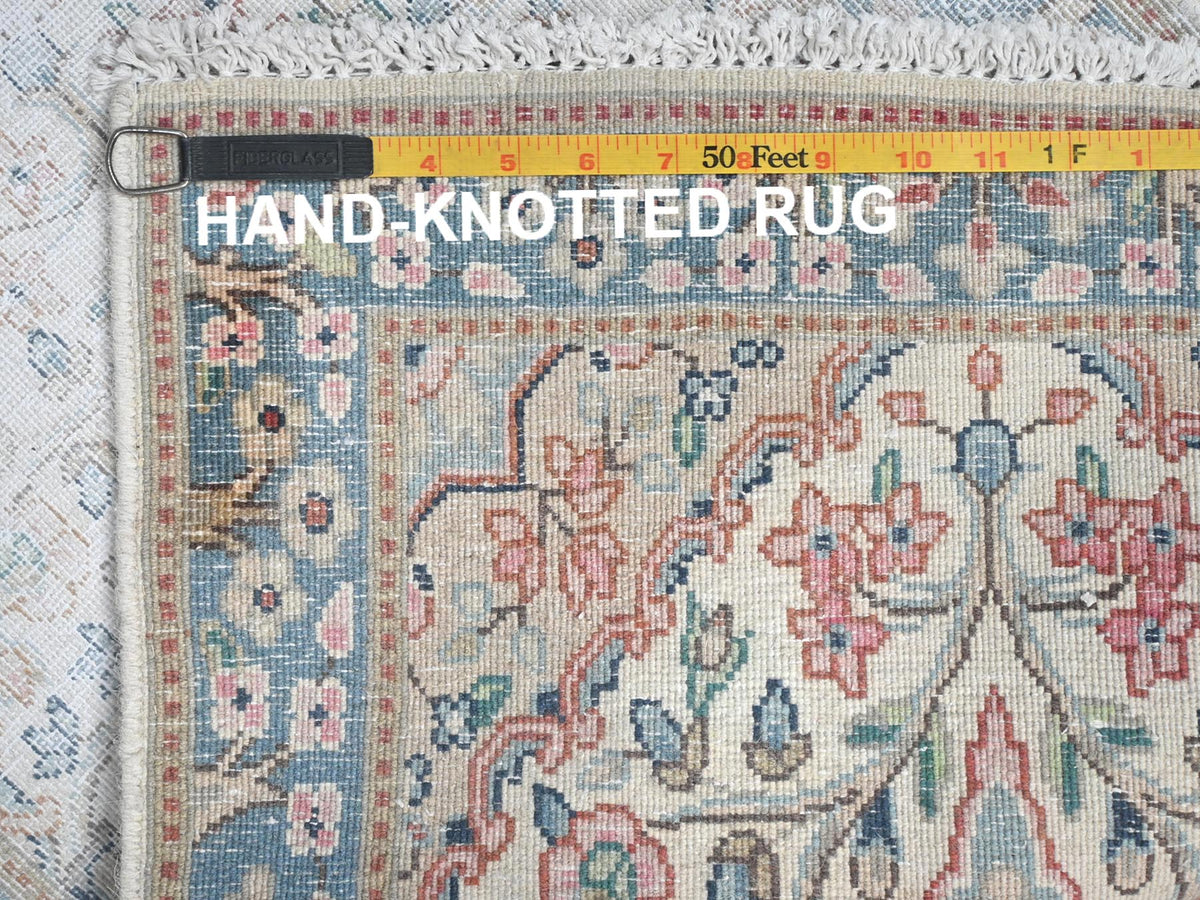 Kerman Vintage hand-knotted worn wool rug in Ivory & Blue, 1'10" x 2'10" — SKU O081970 (view 7)